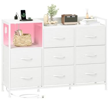 Imagem de Somdot Cômoda branca para quarto com 8 gavetas, suporte de cabeceira de tecido largo para armazenamento e organização com caixas de tecido, cômoda para quarto, cômoda para entrada da sala de estar