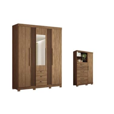 Imagem de Guarda Roupa Solteiro e Closet com Cômoda Kit Qc241 4 Portas 9 Gavetas com Espelho Jato...