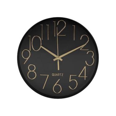 Imagem de Relógio de Parede Minimalista de 24 cm na Cor Preta, Números Dourados Grandes.