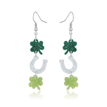 Imagem de Brincos femininos do Dia de São Patrício – Brincos pendentes de acrílico com trevo verde da sorte – Presente perfeito para o festival irlandês para roupas e camisas do Dia de São Patrício, Regular