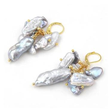 Imagem de DWBPGVUN Brincos de pérola cinza Keshi Biwa para mulheres 925 prata banhado a ouro gancho Leverback