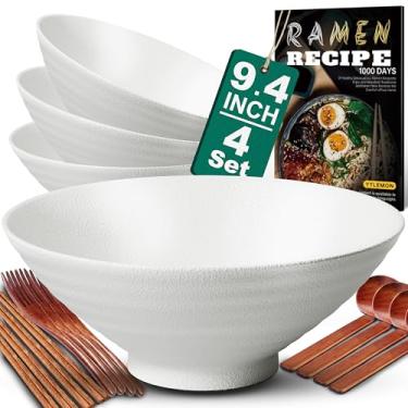 Imagem de YTLEMON Conjunto de 4 tigelas de cerâmica para ramen de 1,6 g - Tigelas de sopa grandes de porcelana japonesa para salada de cereais, frutas, macarrão, 4 × 1700 ml com receitas, pauzinhos, garfos e