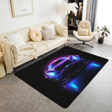 Imagem de Erosebridal Tapete neon de carro de corrida para meninos, 1,52 m x 1,28 m para crianças, tapete de área de carros em aquarela para decoração de quarto de criança, tapete retrô de corrida de velocidade