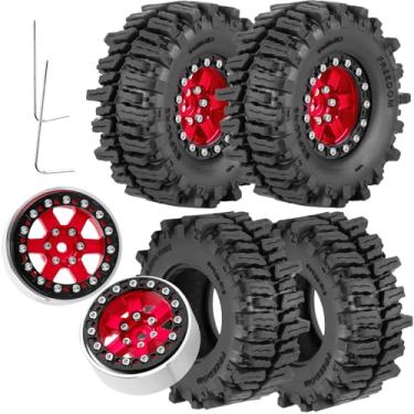 Imagem de RCHuiWow 1.3 Beadlock rc Wheels and Tires for 1/18 TRX4M,Ascent-18,1/24 SCX24,FCX24,1.3" Beadlock Alloy Aluminium Rims w/Rings & All Terrain Tires,Red