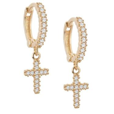 Imagem de Brinco Argola Click Em Ouro 18k Com Pingente Cruz Zircônias - AGAPRIME