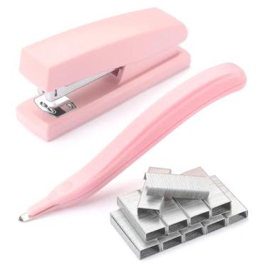 Imagem de ZZTX Conjunto de grampeador com removedor de grampos e grampos, artigos de papelaria de mesa duráveis para casa, escritório e estudo, rosa