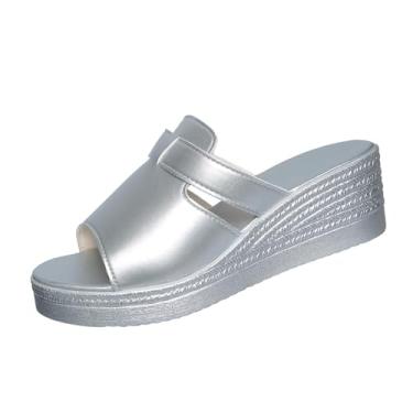 Imagem de Sandália plataforma feminina Peep Toe com salto grosso para uso casual ao ar livre, Prata, 39