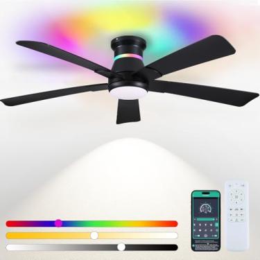 Imagem de Surtime Ventiladores de teto pretos de 132 cm com luzes RGB - Luz de ventilador de teto embutida com LED 3CCT regulável, ventiladores de teto modernos de baixo perfil para festas internas, cobertas ao