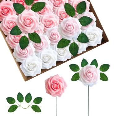 Imagem de Bnoiiok Flores artificiais floristas, rosas falsas rosa gradiente – 25 flores realistas, buquês de casamento faça você mesmo, topo de bolo, decoração de escritório, festa e casa