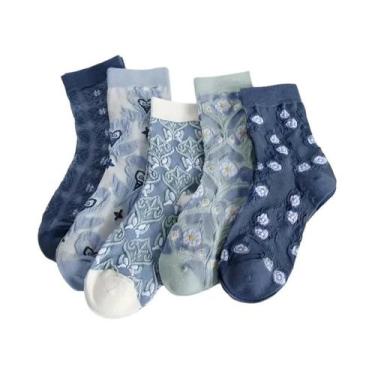 Imagem de Meias Femininas De Cano Médio Com Design De Flor Azul, 5 Pares, Macias