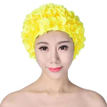 Imagem de Touca de natação feminina - chapéu de natação floral, touca de natação feminina com pétalas florais, bonés de banho retrô modernos para cabelos longos/curtos, chapéu de natação para férias de praia e