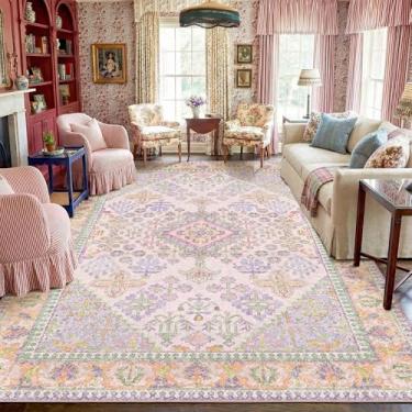 Imagem de Kokia Tapetes de área de 22 x 30 cm para sala de estar, lavável na máquina, tapete boho antiderrapante para quarto, tapete vintage macio estampado lilás lavanda roxo 23 x 30 cm