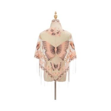 Imagem de Lenço Elegante Feminino Com Estampa De Borboleta E Renda, Cachecol De 