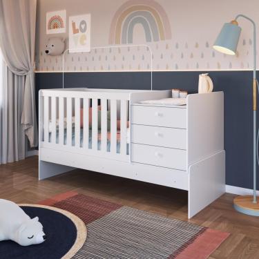 Imagem de Berço Infantil Multifuncional Menino Menina 196cm Com Cômoda, Trocador E Grade Em Mdf Branco