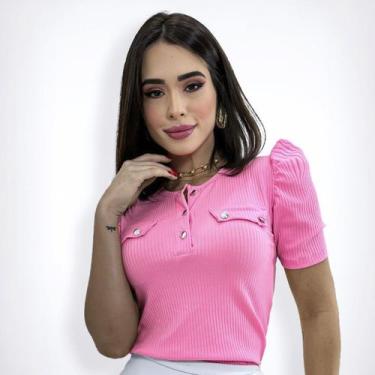 Imagem de Blusa Feminina Canelada Manga Curta Bufante Social Botões - Swiss Bout