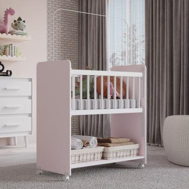 Imagem de Mini Berço Moisés Toy Para Bebê com Colchão e Rodízios 89cm Branco Rosa - Desk Design