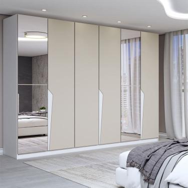 Imagem de Guarda-Roupa Casal Luxe 2,42 Metros 6 Portas 4 Gavetas com Espelho Branco/Creme - Panorama Móveis