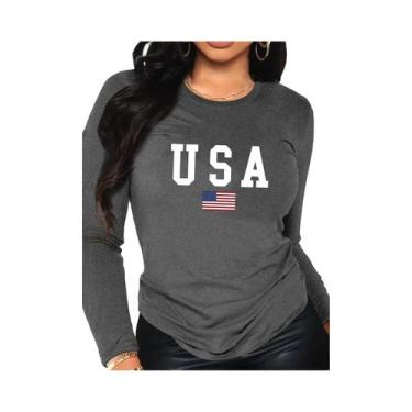 Imagem de Camiseta Feminina De Manga Longa 100% Algodão Com Estampa Da Bandeira 
