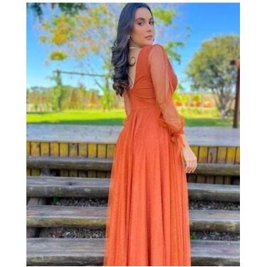 Imagem de Vestido longo festa manga longa laranja Tam G feminino - Loja total tx