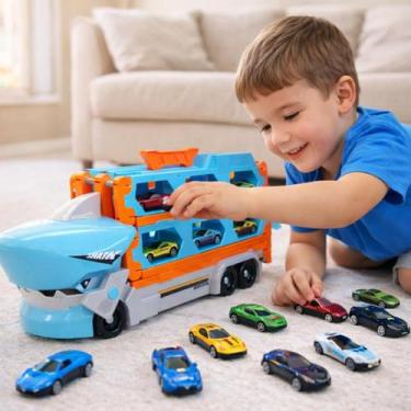 Imagem de Caminhão Tubarão Cegonha Brinquedo Pista Corrida 6 Carrinhos - caminhã