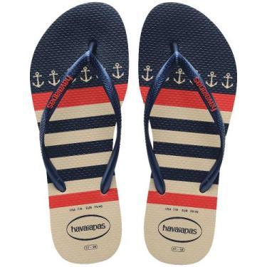 Imagem de Chinelo havaianas feminino slim nautical 4137125, Bege pal, Marinho, 3