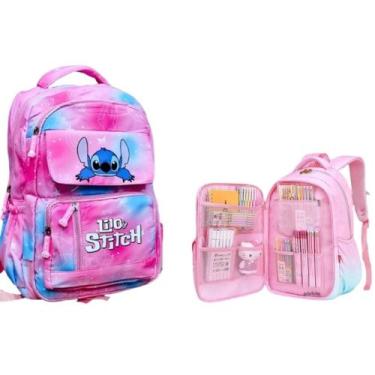 Imagem de Mochila Bolsa Escolar Fichário Menina Lilo Stitch Infantil Rosa Azul -