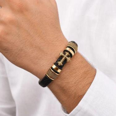 Imagem de Bracelete Pulseira Masculina Couro Luxo Minimalista Cruz - - 23 cm - P