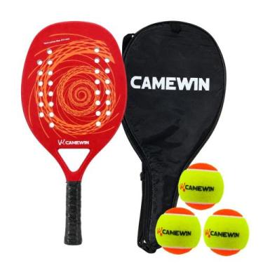 Imagem de Raquete Beach Tennis Camewin Fibra de Carbono + 3 Bolinhas, Vermelho