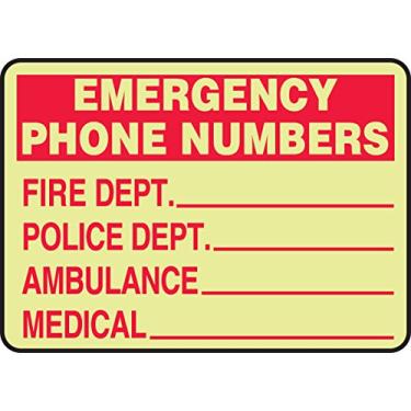 Imagem de Accuform MLFE538GP Lumi-Glow Flex Placa de vinil adesiva, legenda "Números de telefone de emergência FIRE DEPT_ Police DEPT_", 18 cm de altura, 18 cm de comprimento x 25 cm de largura x 0,2 cm de espessura, plástico, vermelho no brilho