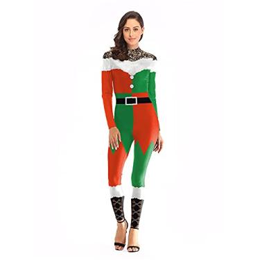 Imagem de Yajun Macacão feminino de Natal estampado em 3D, cosplay de festa, fantasia com zíper nas costas, tecido de poliéster, manga comprida, P (busto: 76 cm)