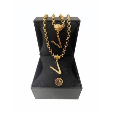 Imagem de Colar + Pulseira Elo Português Grosso 6mm Letra "V"