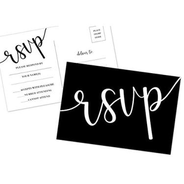 Imagem de 50 cartões RSVP, sem necessidade de envelopes, impressão em preto e branco, casamento, ensaio, aniversários, bebê, convite para chá de panela