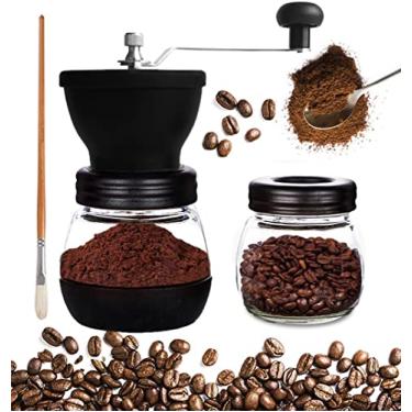 Imagem de Mixpresso Conjunto de moedor de café manual, moedor de café manual com rebarba de cerâmica cônica, dois frascos de vidro e escova macia, moedor manual de grãos de café e moedor de especiarias
