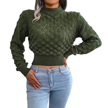 Imagem de Suéter feminino de gola redonda manga longa suéter casual moletom pulôver grande cor sólida suéter de malha tops, verde, M