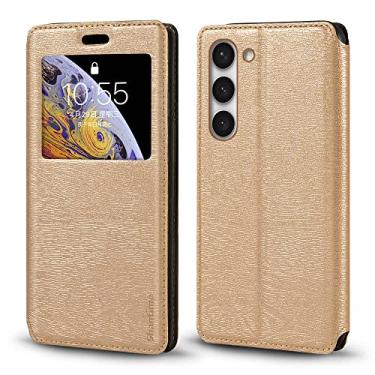 Imagem de Shantime Capa para Samsung Galaxy S23 5G, capa de couro de grão de madeira com porta-cartão e janela, capa flip magnética para Samsung Galaxy S23 5G (") dourada