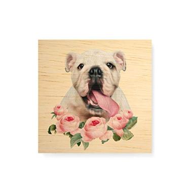 Imagem de Arte Maníacos Quadro decorativo com moldura caixa branca em Madeira - Bulldog Inglês Flores - 30x30cm