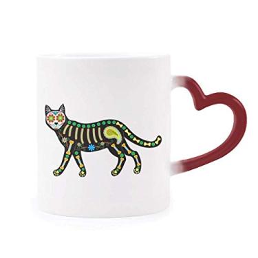 Imagem de Caneca de grés com coração preto gato Halloween Terror sensível ao calor Caneca vermelha que muda de cor