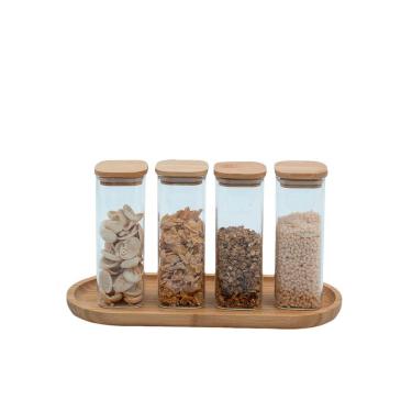 Imagem de Kit 4 potes de vidro herméticos com tampa de bambu quadrados 250ml e bandeja de bambu 34cm - Oikos