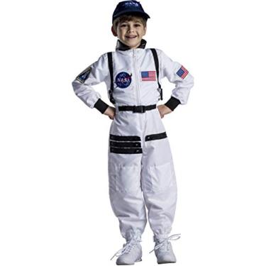 Imagem de Dress Up America Fantasia infantil de astronauta da NASA – Traje espacial laranja com boné – Traje realista de Halloween e fantasia, Branco, P