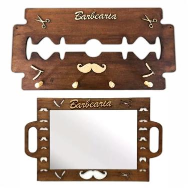 Imagem de Kit Espelho Barbeiro Cabide Lâmina Personalizado Barber Shop