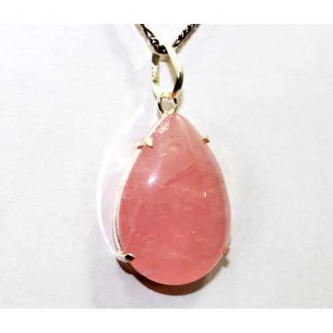Imagem de Colar Gota Lisa Pedra Quartzo Rosa Natural Prata 950 Garra
