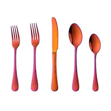Imagem de Conjunto de louças Bisda, 20 peças premium de aço inoxidável 18/8 martelado utensílio de cozinha talheres de talheres de 4 peças de polimento espelhado, lavável na lava-louças, Fino, 5-Magic Red