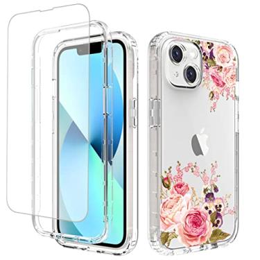 Imagem de Vavies Capa para iPhone 14 2022 com protetor de tela de vidro temperado, capa de telefone transparente flexível com design floral para Apple iPhone 14 de 6,1 polegadas (flor rosa)