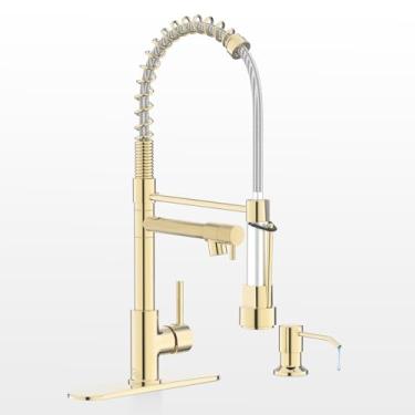 Imagem de Casavilla Torneira de cozinha dourada, torneira de cozinha com dispensador de sabão, torneira de pia de cozinha com cabeça de pulverização de dupla função e placa de convés, torneira de cozinha de 4