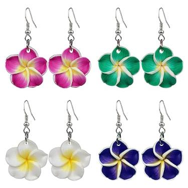 Imagem de QUSIJIA Conjunto de 4 pares de brincos tropicais boêmios para mulheres, havaiano, margarida, margarida, brincos, trumpet, Resina, Sem pedra preciosa