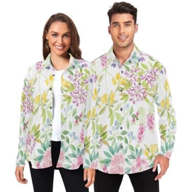 Imagem de Camisa masculina de manga comprida com botões casual com bolsos aquarela primavera flor eclética, Aquarela primavera flor eclética, G
