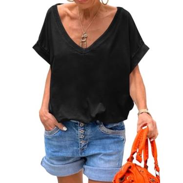 Imagem de Tankaneo Camisetas femininas com gola V profunda, casual, verão, caimento solto, manga curta, Preto, GG