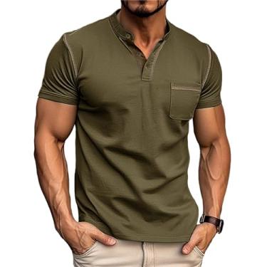 Imagem de CHUUMEE Camiseta masculina Henley manga curta casual leve slim fit botão básico com bolso, Verde militar, G