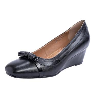 Imagem de Mona flying Sapato feminino de couro, bico fechado, salto médio, bico quadrado, laço para mulheres, Preto, 35