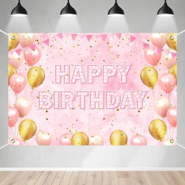 Imagem de Banner de feliz aniversário tema rosa balões ouro rosa decoração de fundo confete para princesas meninas nobre elegante festa de aniversário cabine de fotos lembrancinhas decorações suprimentos